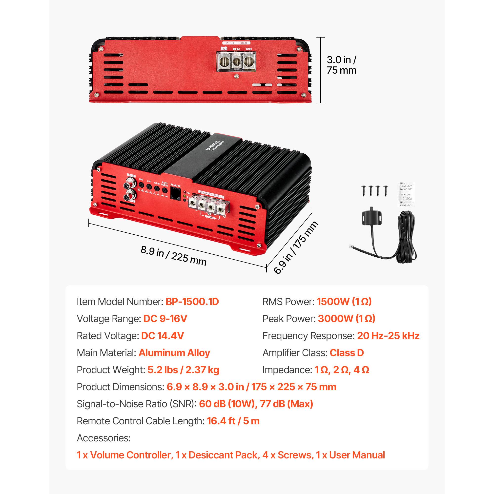 Car Amplifier Class D 1 Ohm Stable - Wzmacniacz samochodowy typu monoblock, moc 1500
